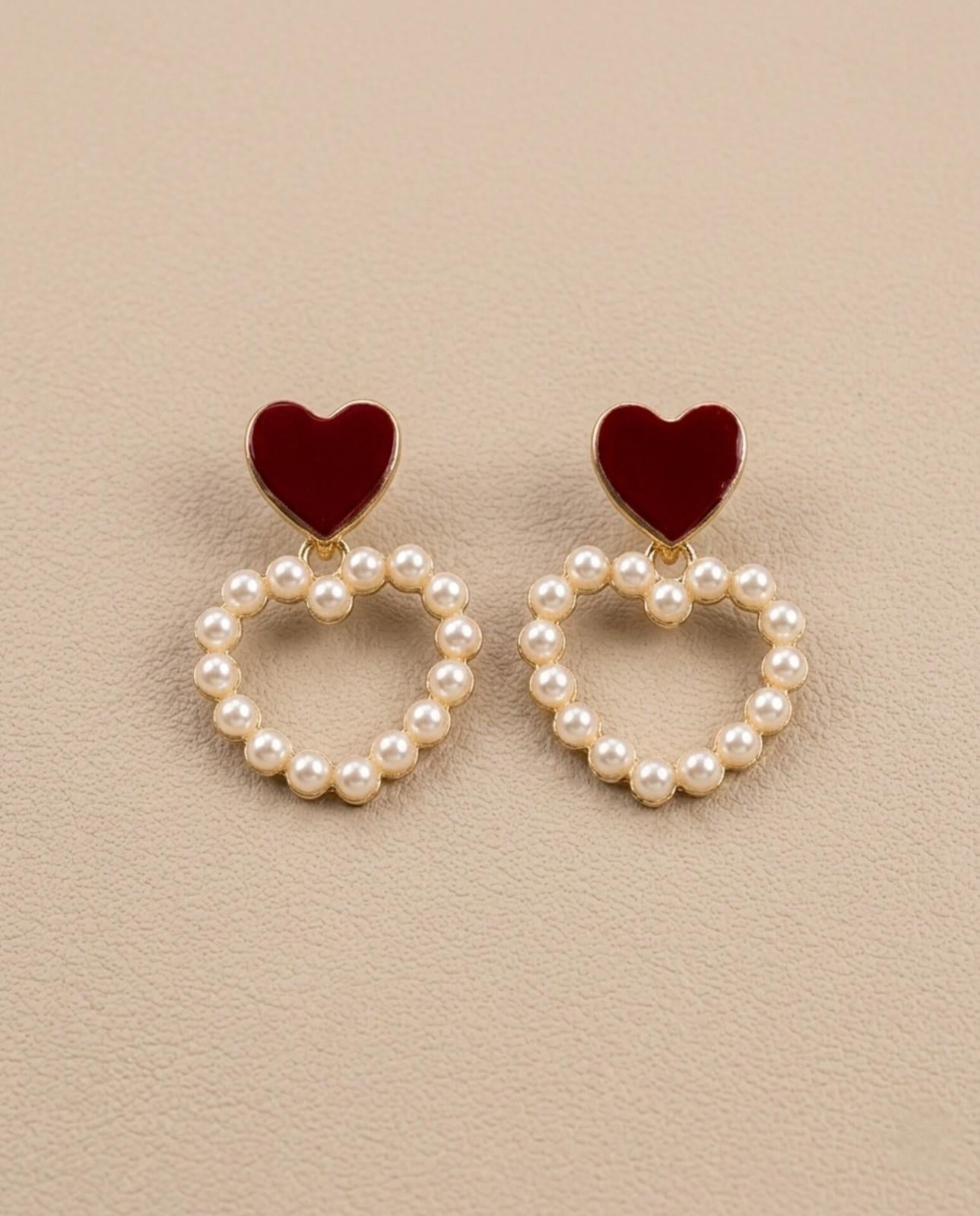 Red Heart Pearl Drop Earrings – Vintage Burgundy Enamel Earrings