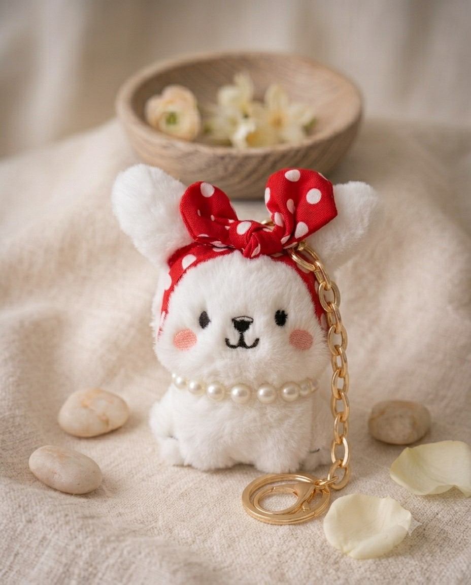 Adorable Soft Plush Bunny Keychain with Pearl Necklace & Polka Dot Bow Accessory