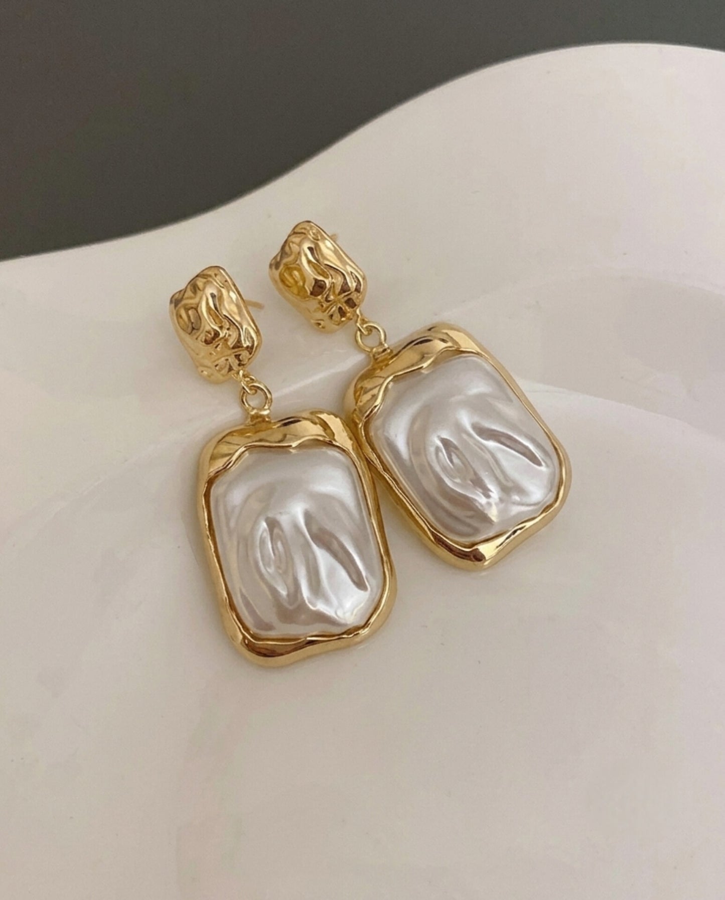 Gold Rectangular Pearl Drop Earrings – Sculptural Baroque Dangles