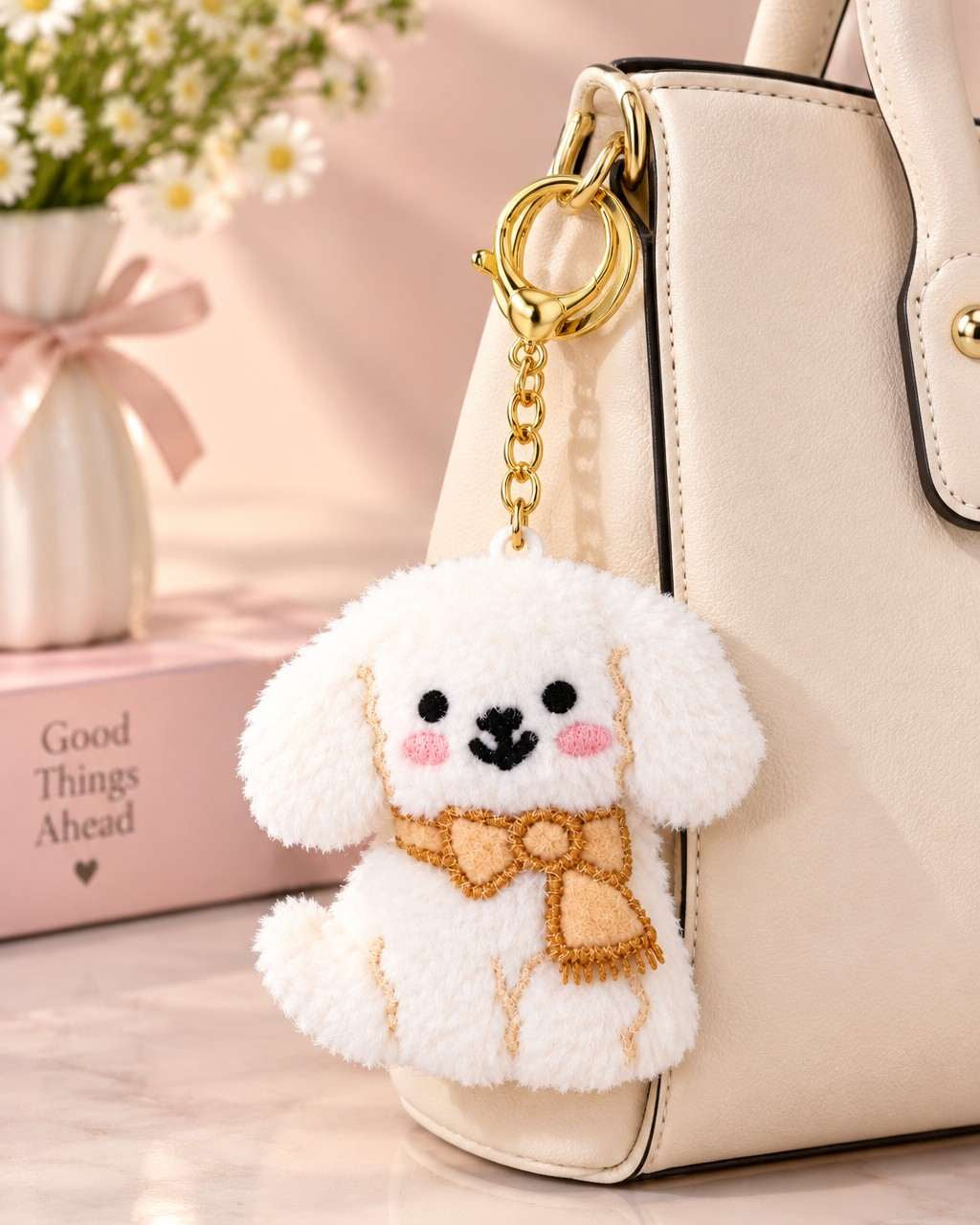 Adorable Plush Dog Keychain – Cute White Puppy Bag Charm with Gold Key Ring