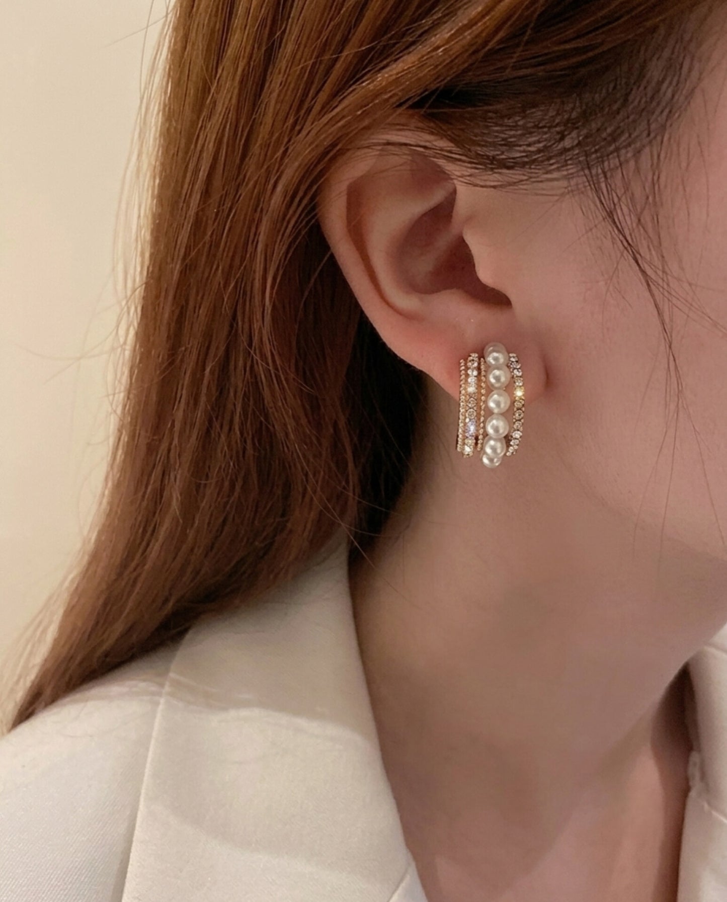 Gold Multi-Row Pearl Hoop Earrings – Pavé CZ Stacked C-Hoops