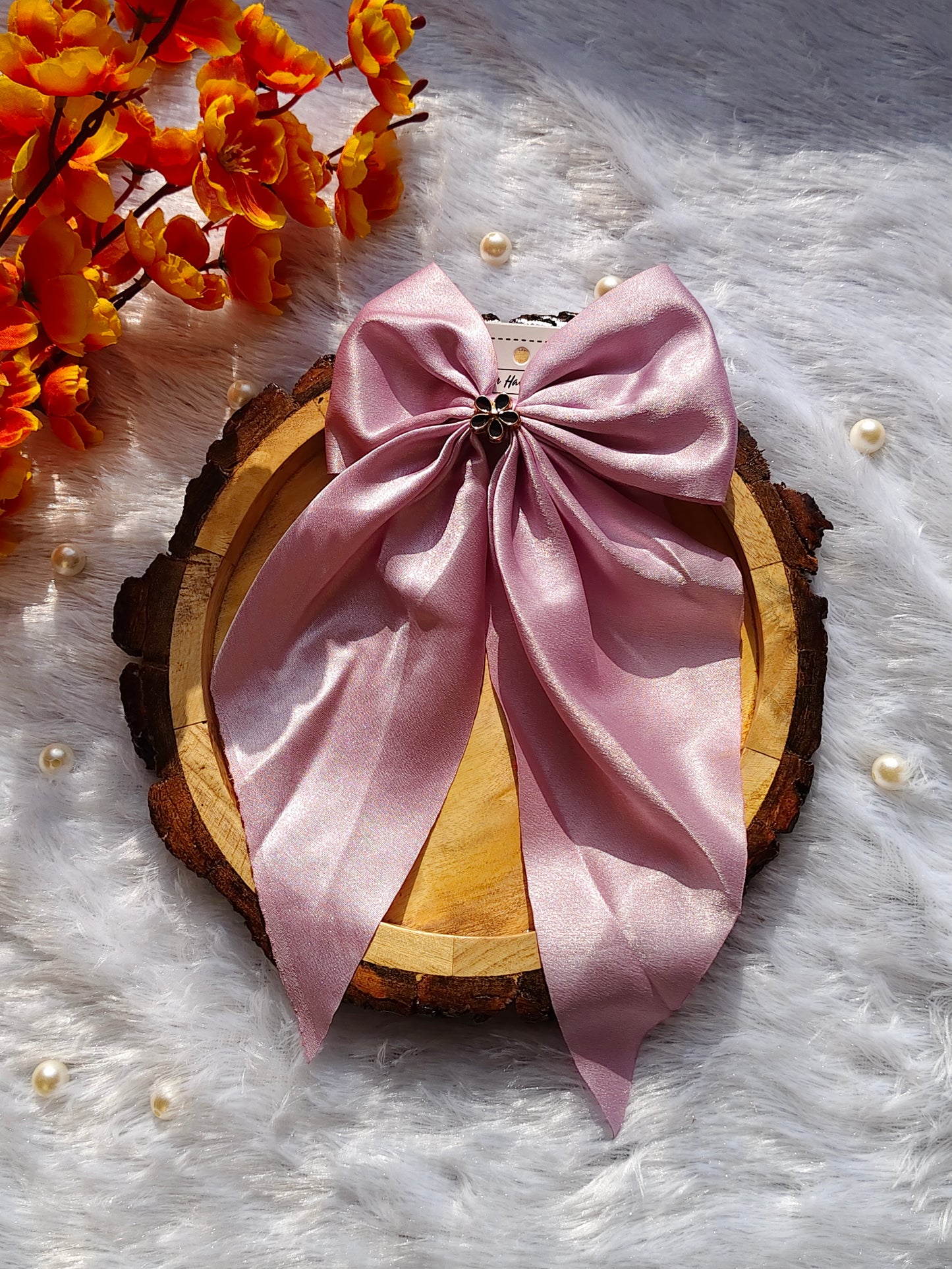 Elegant Satin Ribbon Bow Hair Clip with Floral Centerpiece