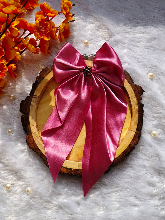 Elegant Satin Ribbon Bow Hair Clip with Floral Centerpiece