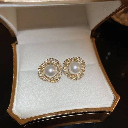 Korean Elegant Pearl Crystal Stud Earrings
