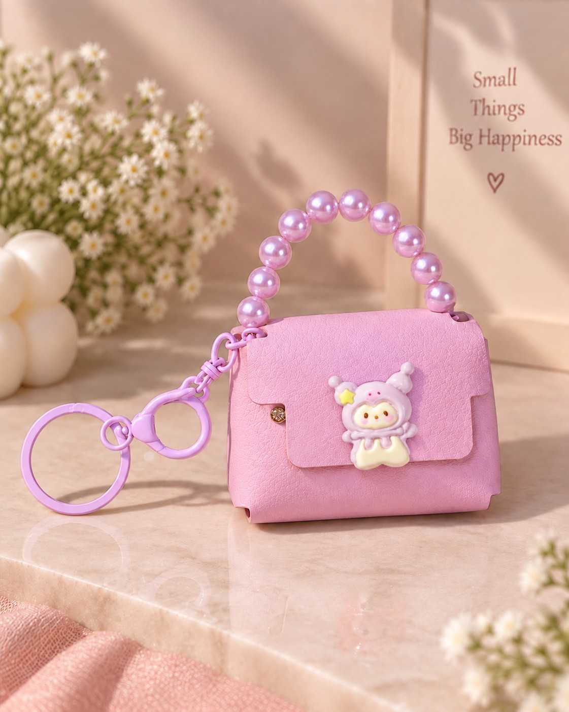Mini Keychain Bag with Pearl Handle & Cute Character Charm