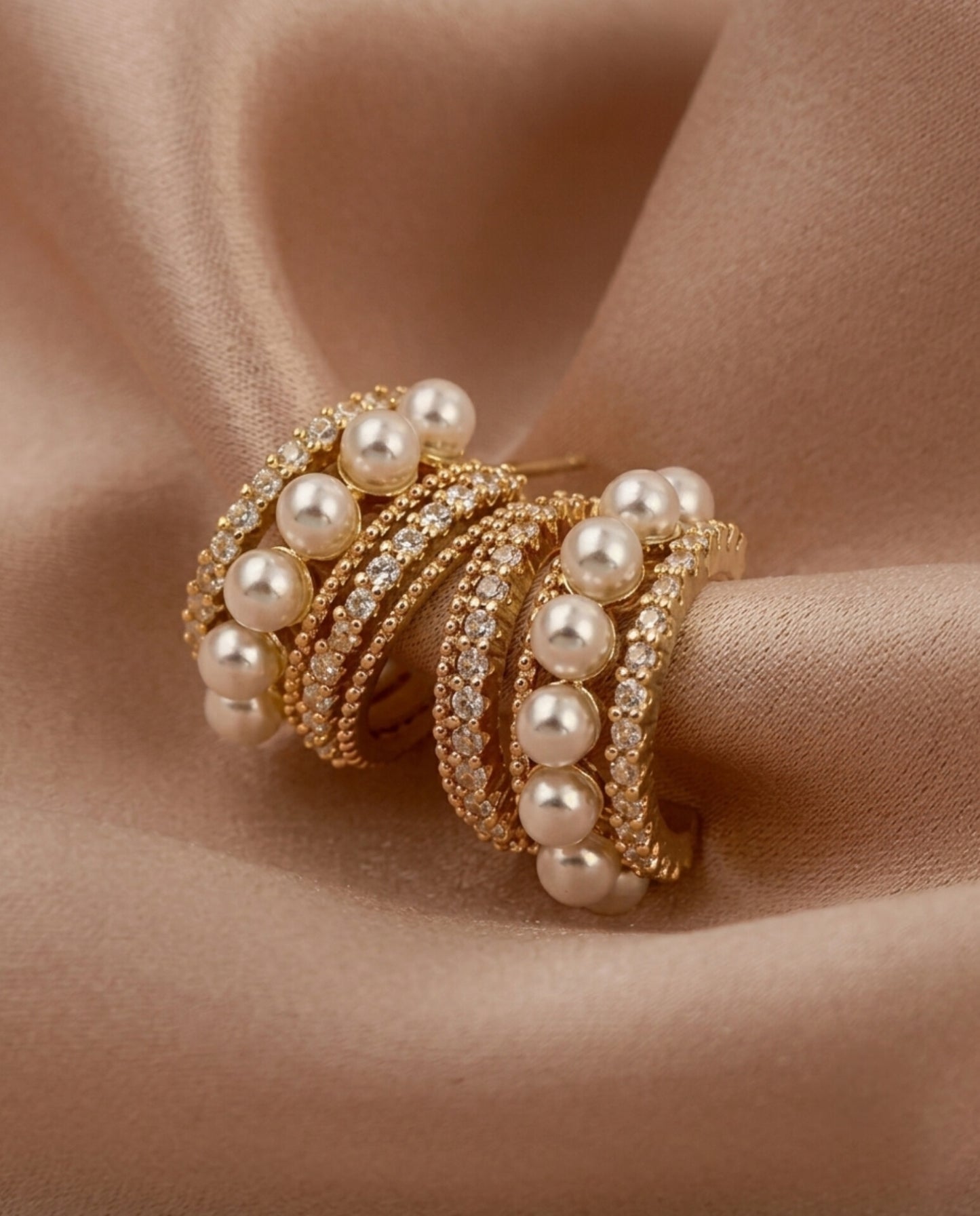Gold Multi-Row Pearl Hoop Earrings – Pavé CZ Stacked C-Hoops