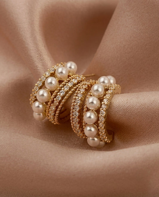 Gold Multi-Row Pearl Hoop Earrings – Pavé CZ Stacked C-Hoops