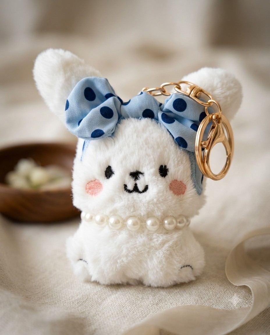 Adorable Soft Plush Bunny Keychain with Pearl Necklace & Polka Dot Bow Accessory