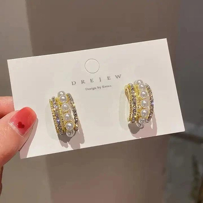 Korean Multi-Layer Pearl Crystal Gold Cuff Earrings