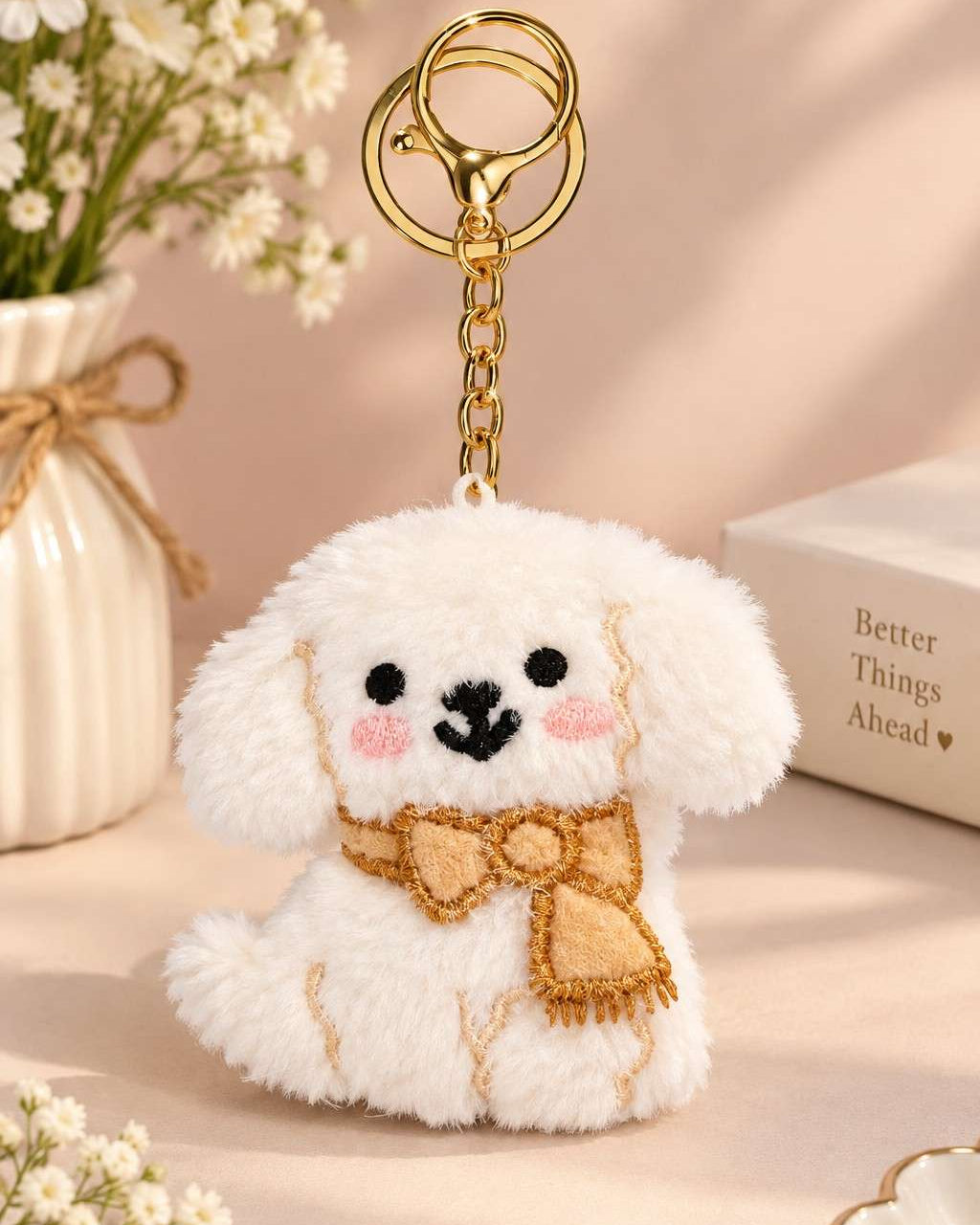 Adorable Plush Dog Keychain – Cute White Puppy Bag Charm with Gold Key Ring
