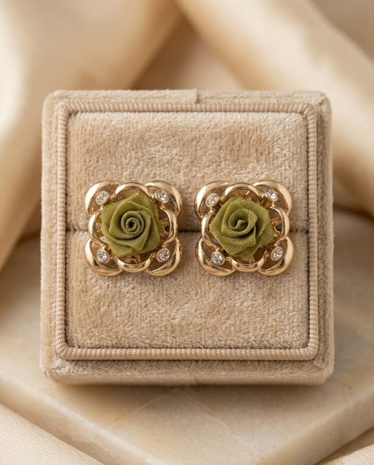 Golden Rose Stud Earrings – Gold Filigree Crystal Floral Studs