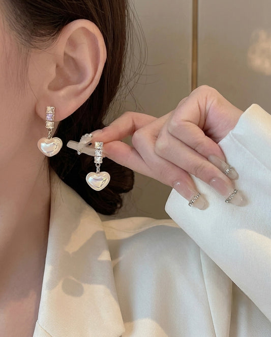 Silver CZ Pearl Heart Drop Earrings – Sparkling Crystal Dangles