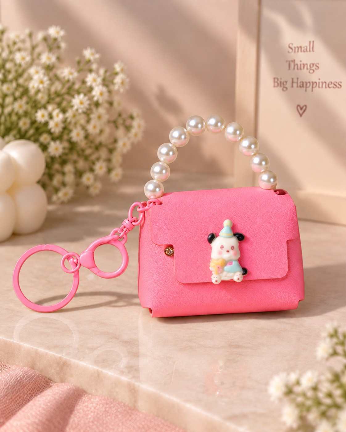 Mini Keychain Bag with Pearl Handle & Cute Character Charm