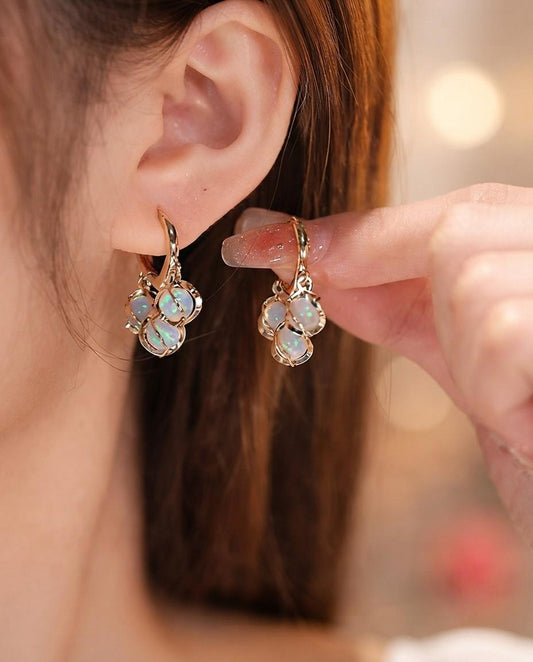 Elegant Gold-Plated Cat’s Eye Stone Dangle Earrings – Unique Cluster Design