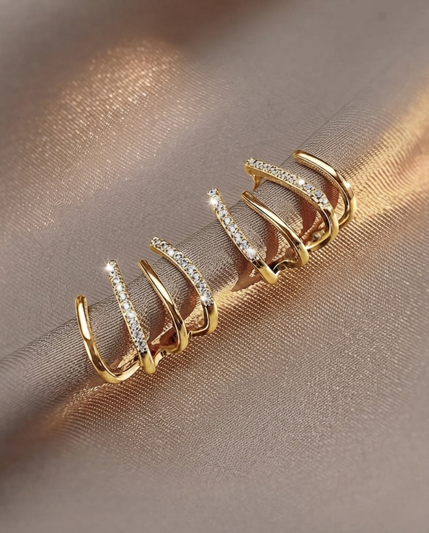 Gold Four-Claw Hoop Earrings – CZ Illusion Multi-Cuff Studs