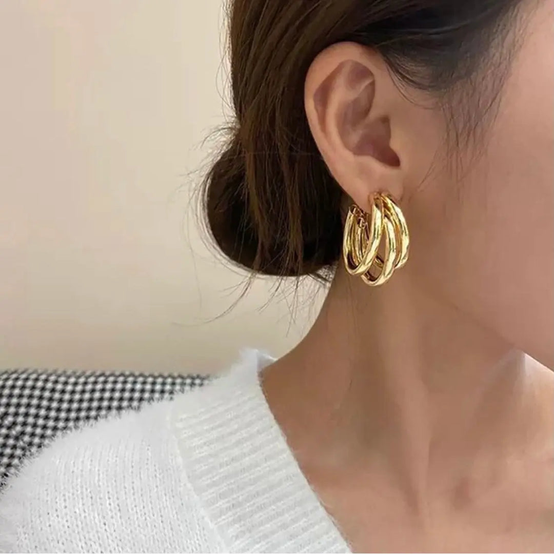 Korean Triple Layer Gold Plated Chunky Hoop Earrings