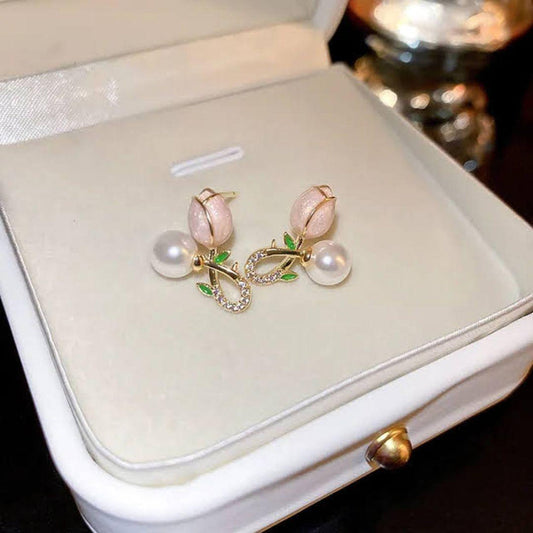 Korean Floral Pearl Rosebud Stud Earrings