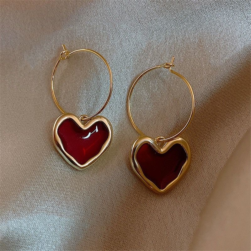 Korean Red Heart Gold Hoop Dangle Earrings