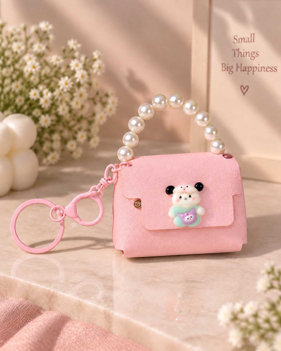 Mini Keychain Bag with Pearl Handle & Cute Character Charm