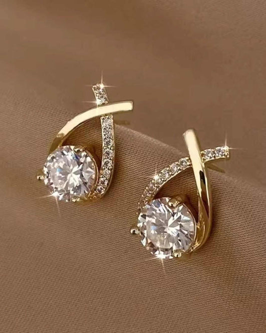 Gold Crossover CZ Stud Earrings – Curved Ribbon Solitaire Studs