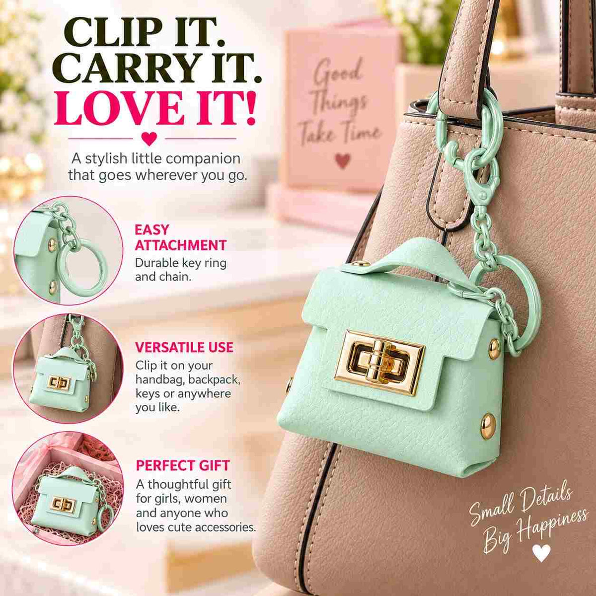 Pastel Green Mini Purse Keychain – Cute Bag Charm with Gold-Tone Chain