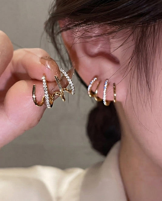 Gold Four-Claw Hoop Earrings – CZ Illusion Multi-Cuff Studs