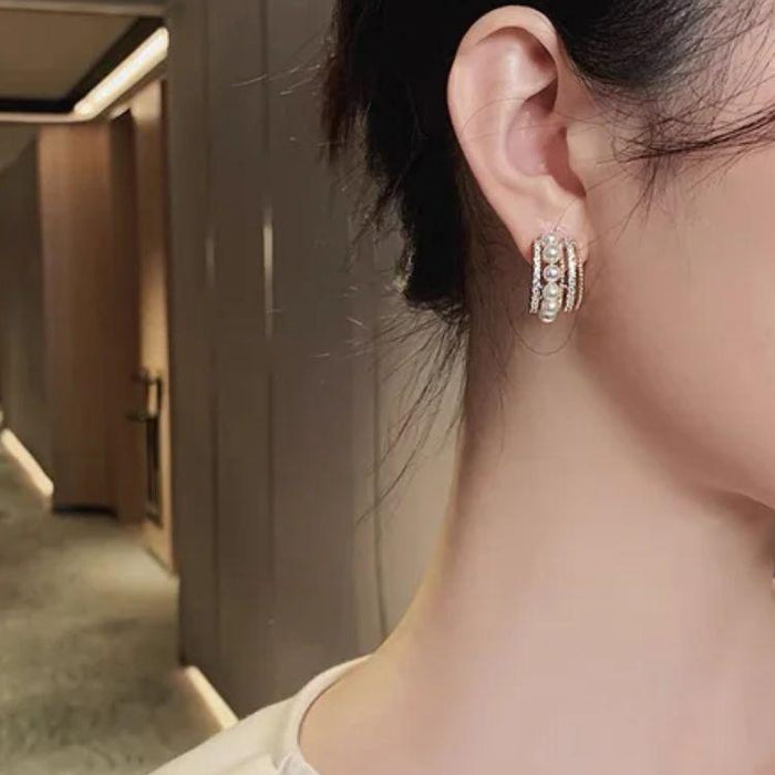 Korean Multi-Layer Pearl Crystal Gold Cuff Earrings