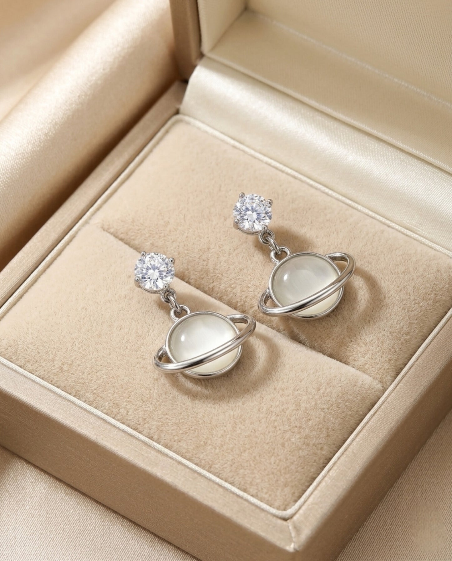 Silver Planet Drop Earrings – Cat’s Eye CZ Saturn Orb Studs