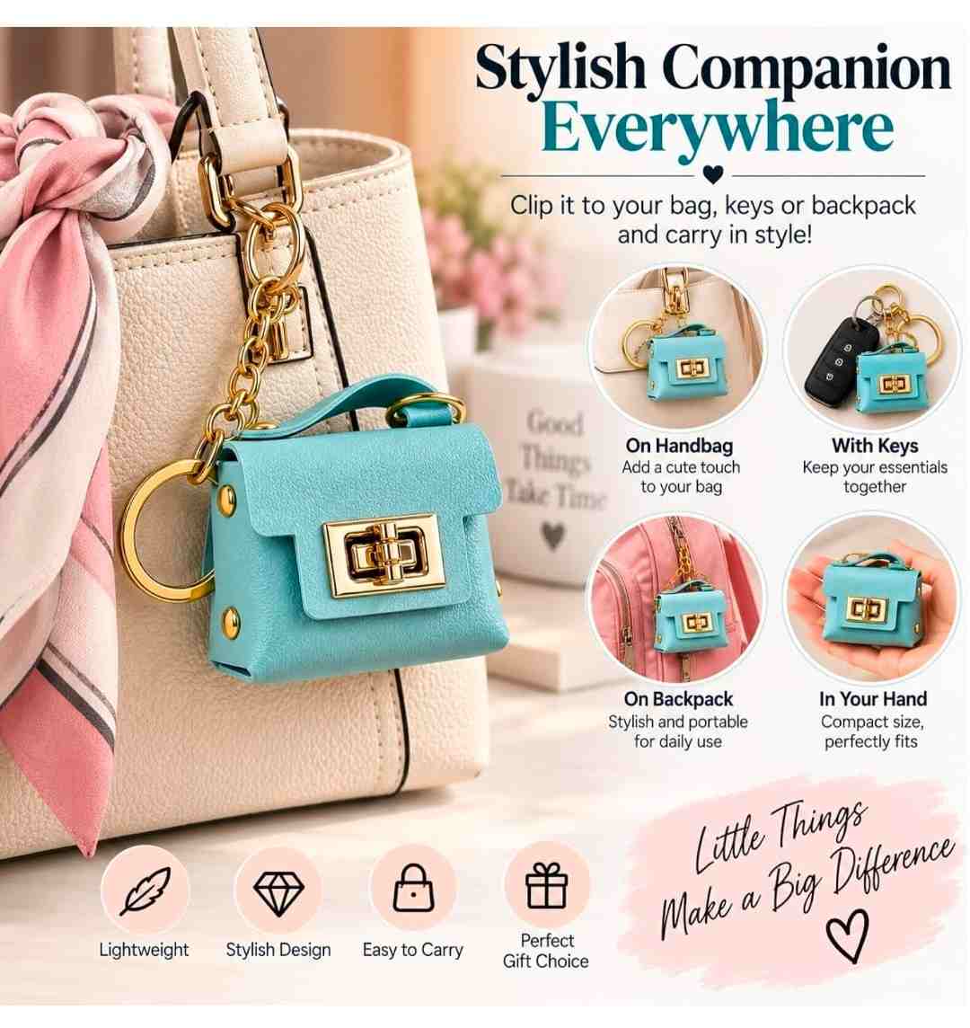 Mini Pastel Blue Leather Handbag Charm & Keychain with Gold Hardware