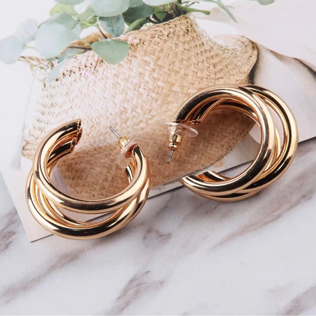 Korean Triple Layer Gold Plated Chunky Hoop Earrings
