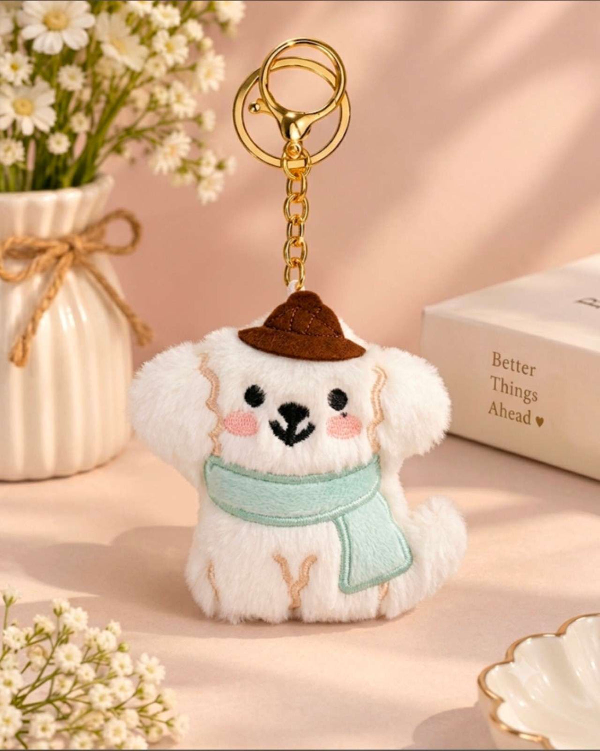 Cute Plush Dog Keychain with Green Scarf & Hat – Soft Aesthetic Bag Charm