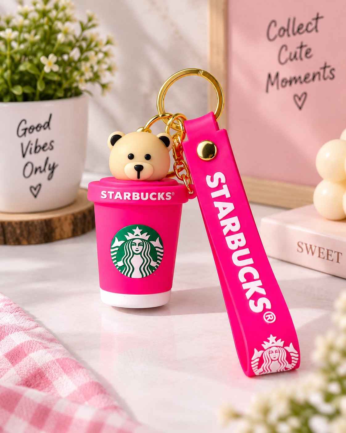 Cute Bear Cup Keychain | Starbucks-Inspired Keyring with Strap