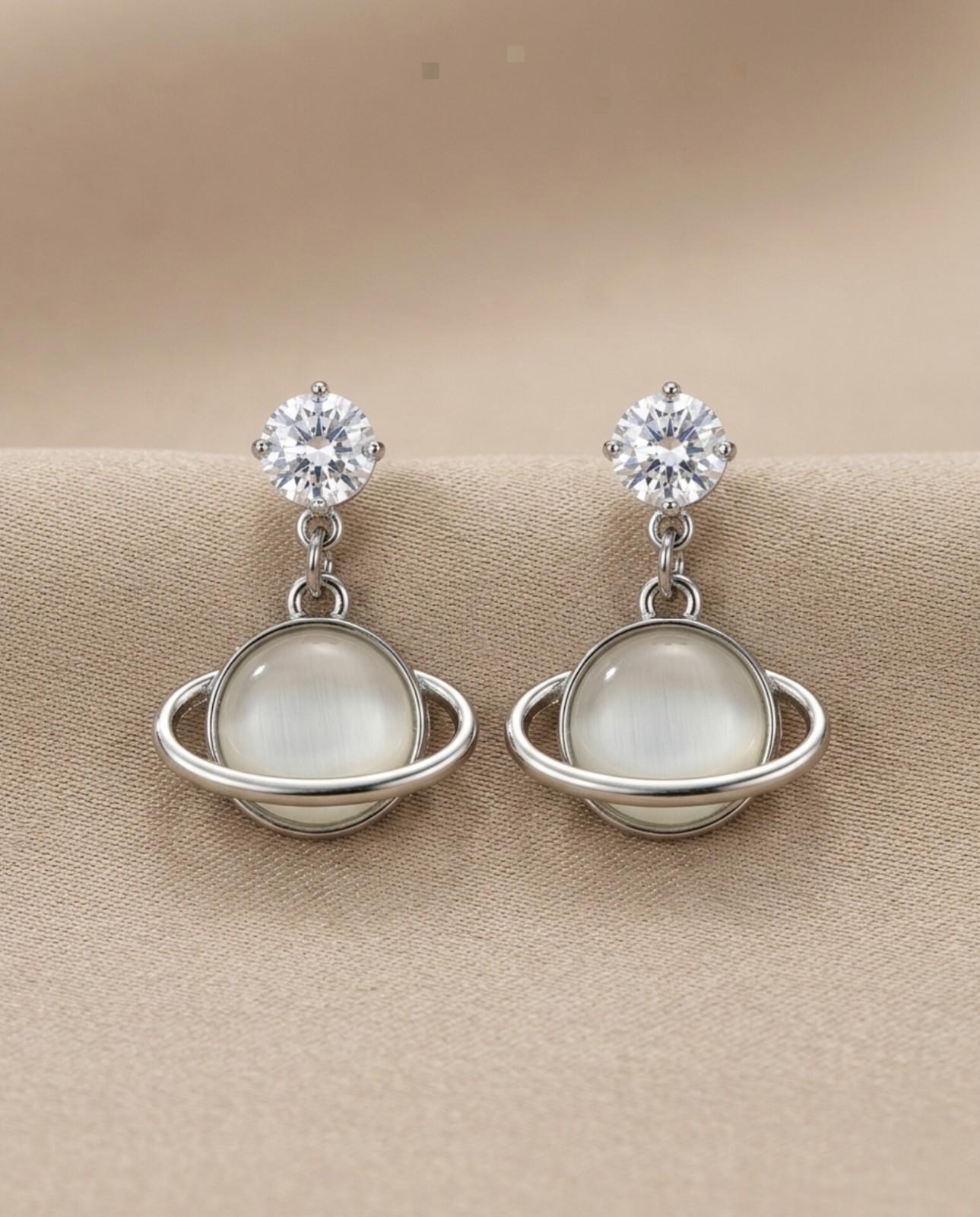 Silver Planet Drop Earrings – Cat’s Eye CZ Saturn Orb Studs