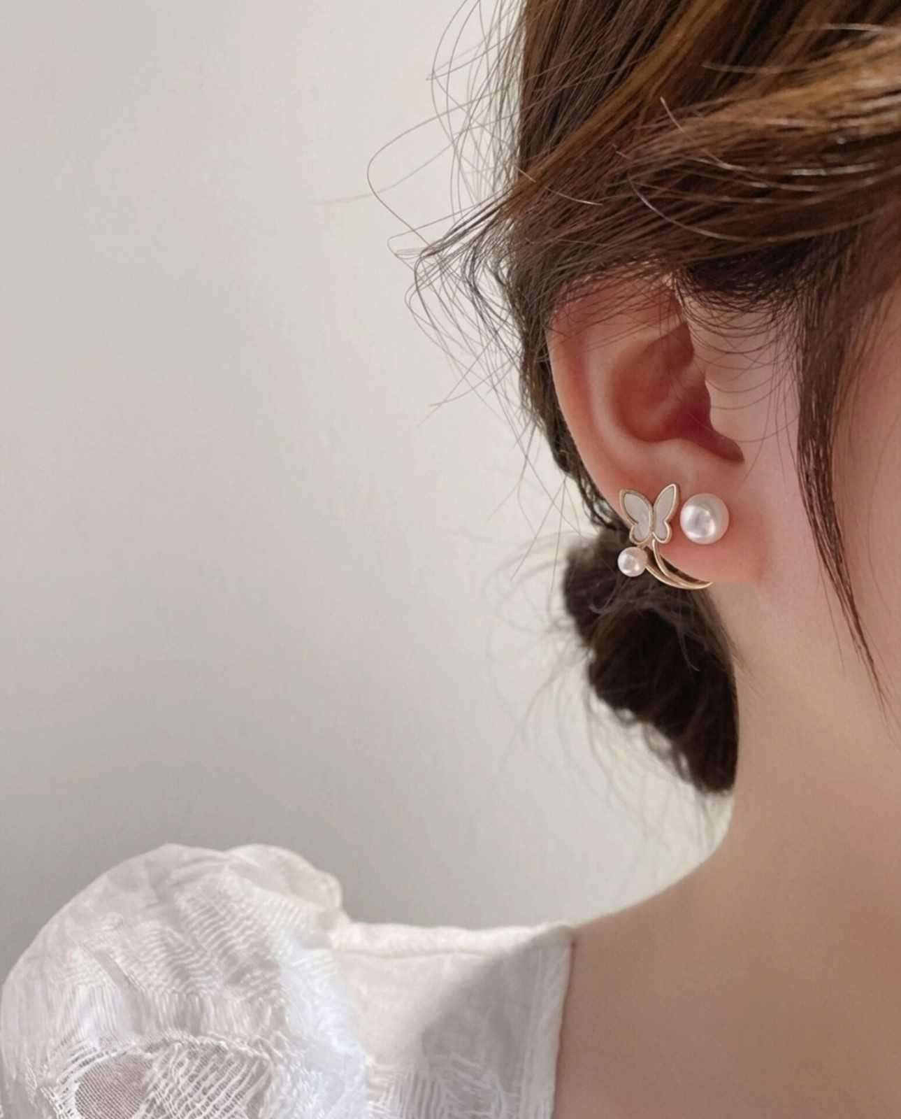 Gold Butterfly Pearl Ear Jacket Earrings – Dainty Crawler Studs