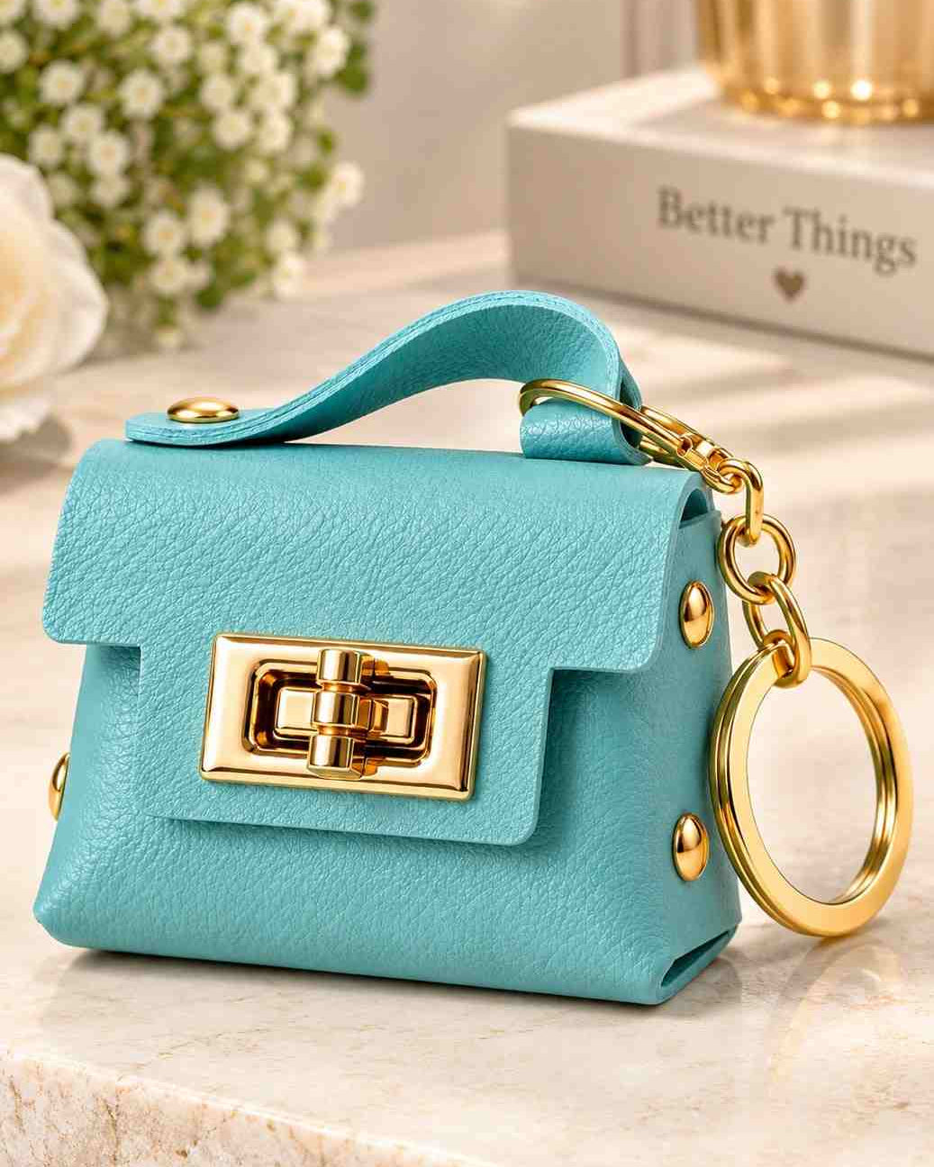 Mini Pastel Blue Leather Handbag Charm & Keychain with Gold Hardware