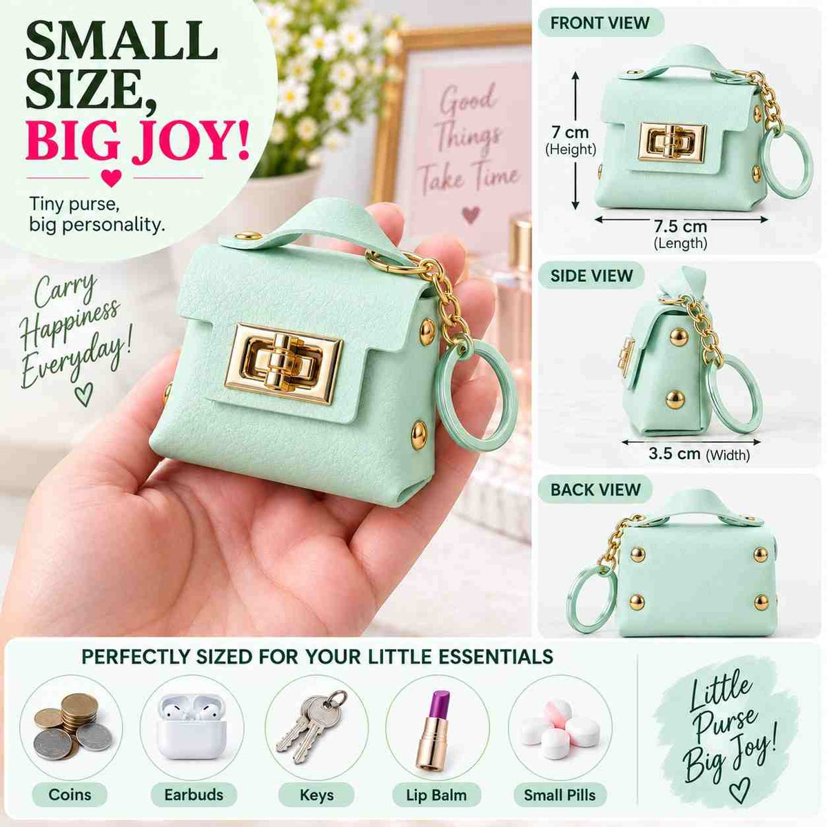 Pastel Green Mini Purse Keychain – Cute Bag Charm with Gold-Tone Chain