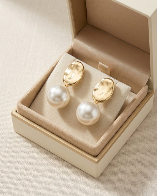 Gold Hammered Pearl Drop Earrings – Oval Stud Statement Drops