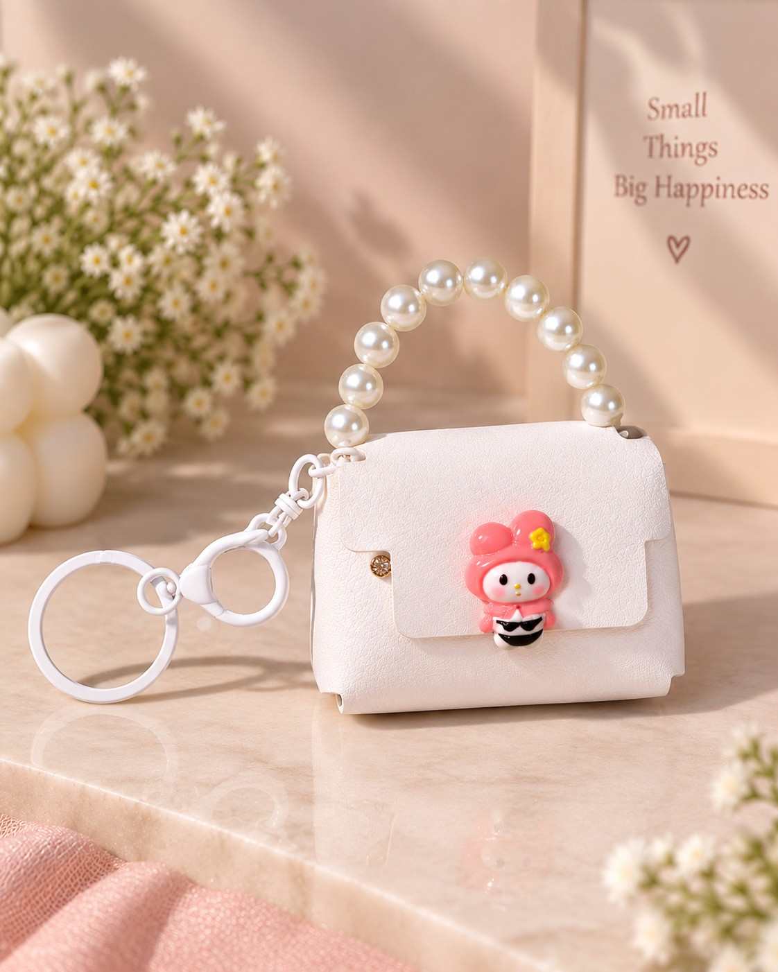 Mini Keychain Bag with Pearl Handle & Cute Character Charm