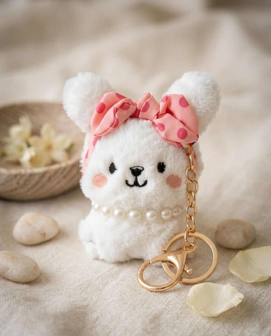 Adorable Soft Plush Bunny Keychain with Pearl Necklace & Polka Dot Bow Accessory