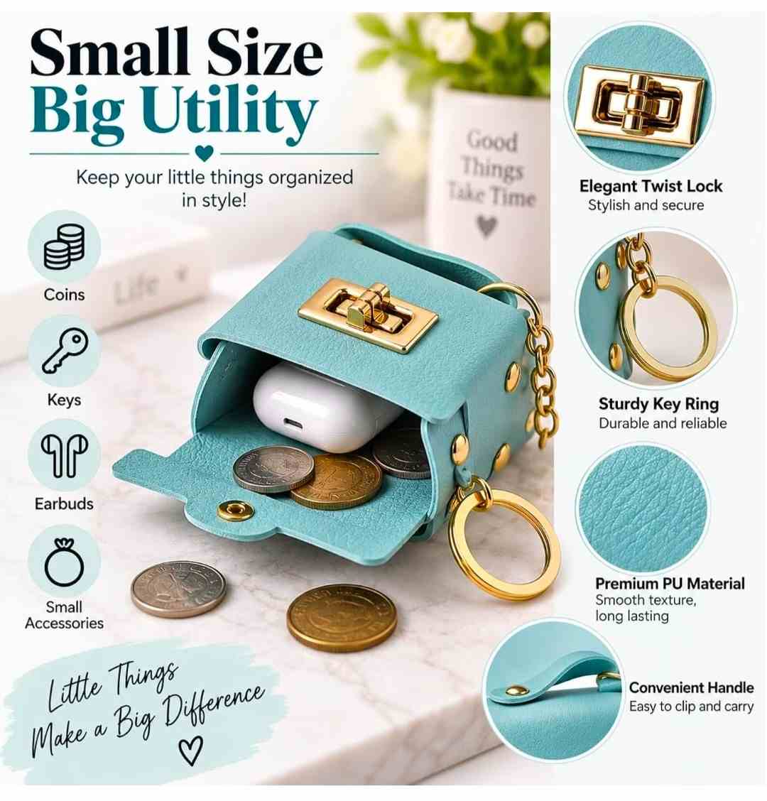 Mini Pastel Blue Leather Handbag Charm & Keychain with Gold Hardware