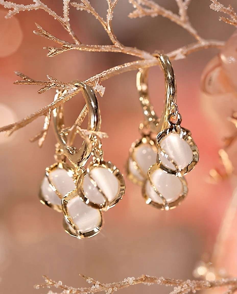 Elegant Gold-Plated Cat’s Eye Stone Dangle Earrings – Unique Cluster Design