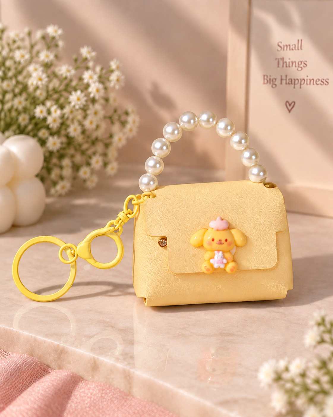Mini Keychain Bag with Pearl Handle & Cute Character Charm