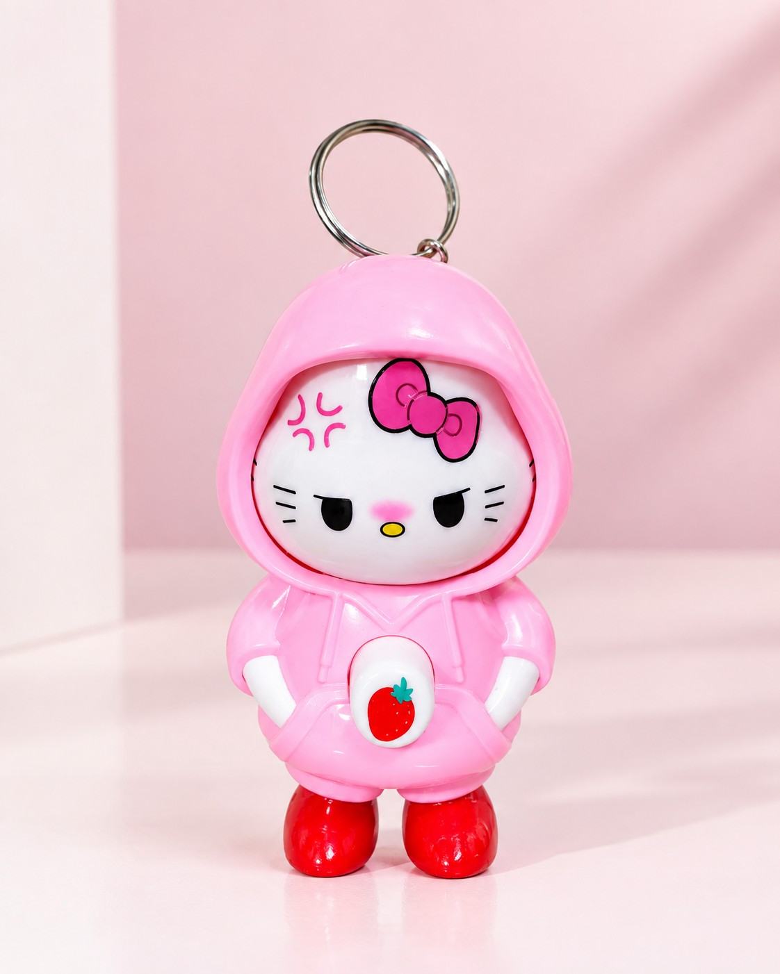 3-in-1 Face Changing Hello Kitty Keychain (Pink Strawberry Hoodie) – Cute Interactive Expression Keyring
