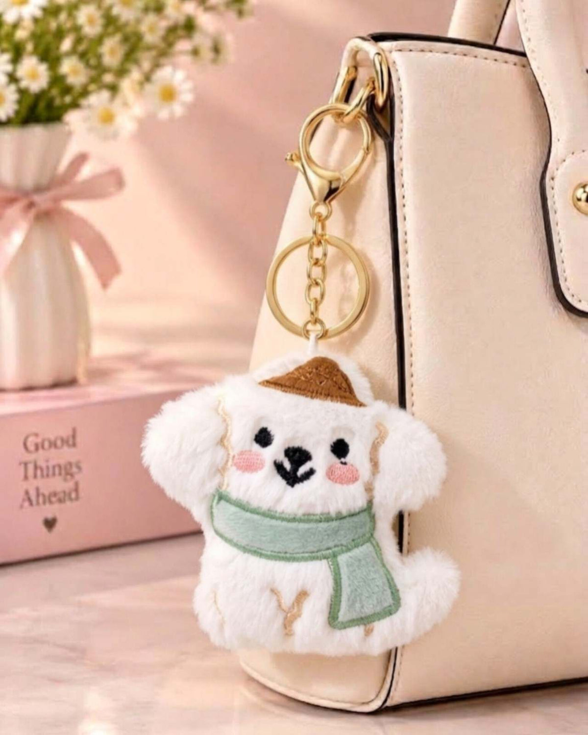 Cute Plush Dog Keychain with Green Scarf & Hat – Soft Aesthetic Bag Charm