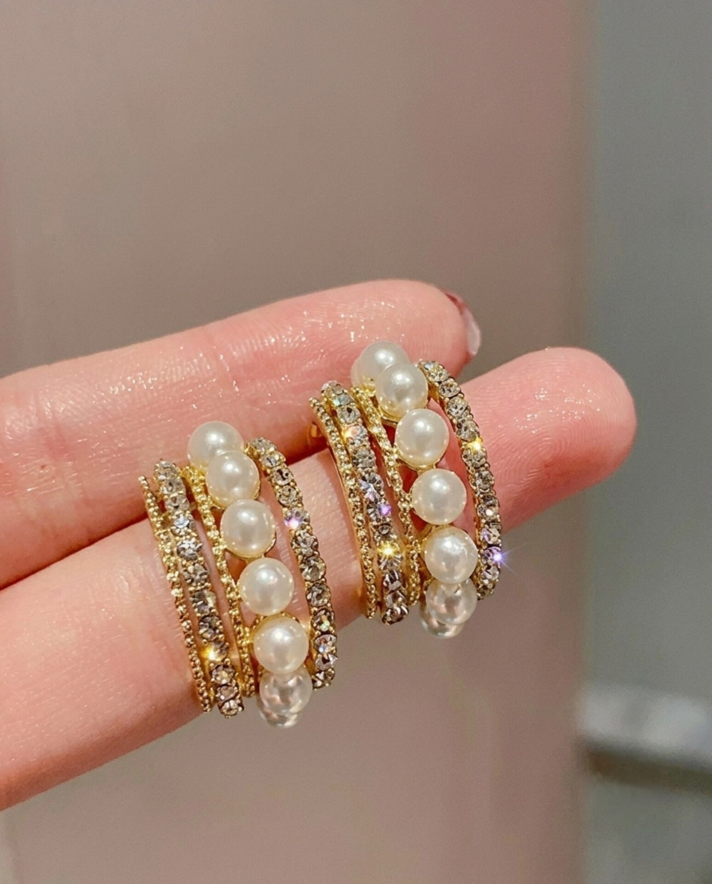 Gold Multi-Row Pearl Hoop Earrings – Pavé CZ Stacked C-Hoops