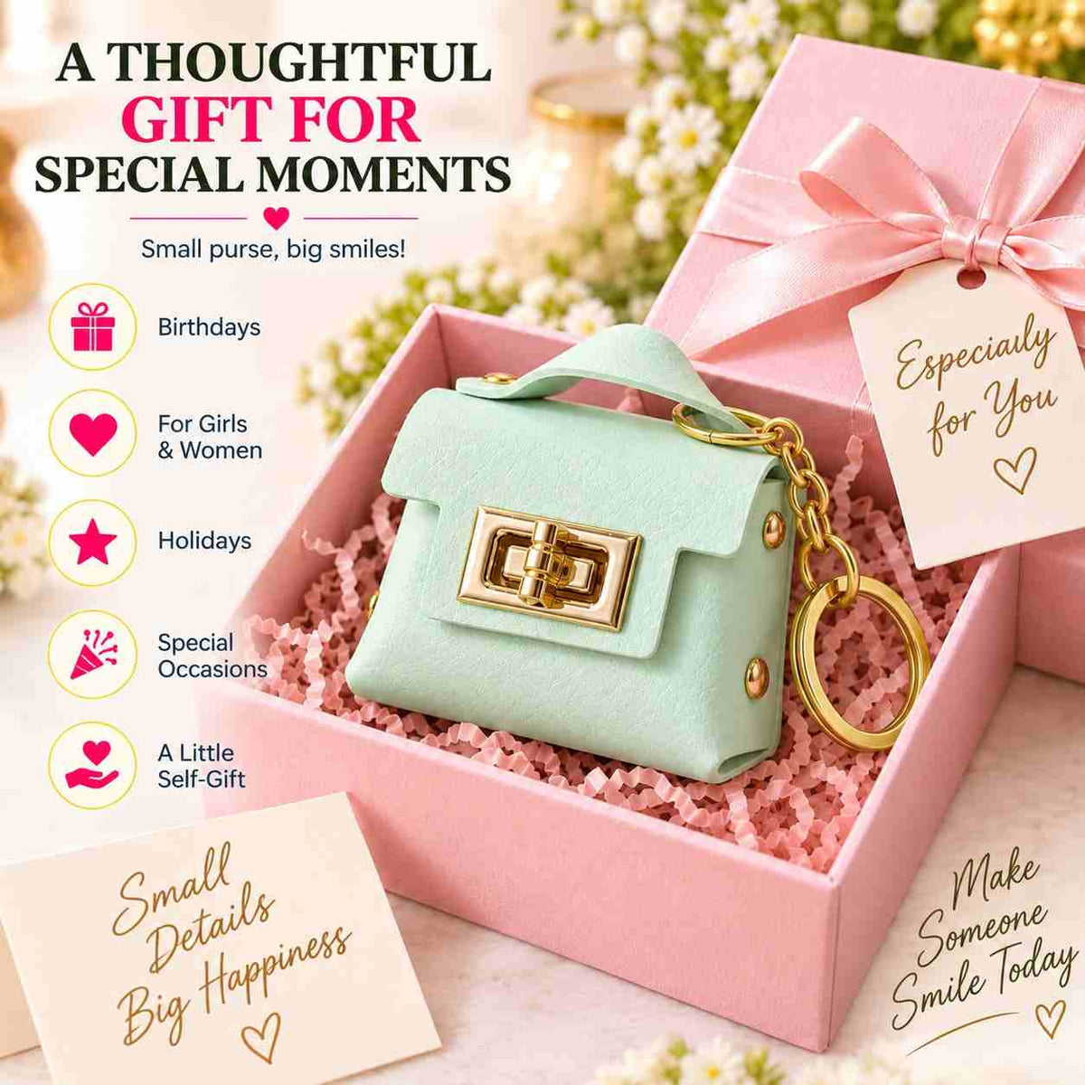 Pastel Green Mini Purse Keychain – Cute Bag Charm with Gold-Tone Chain