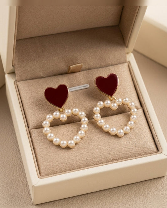Red Heart Pearl Drop Earrings – Vintage Burgundy Enamel Earrings