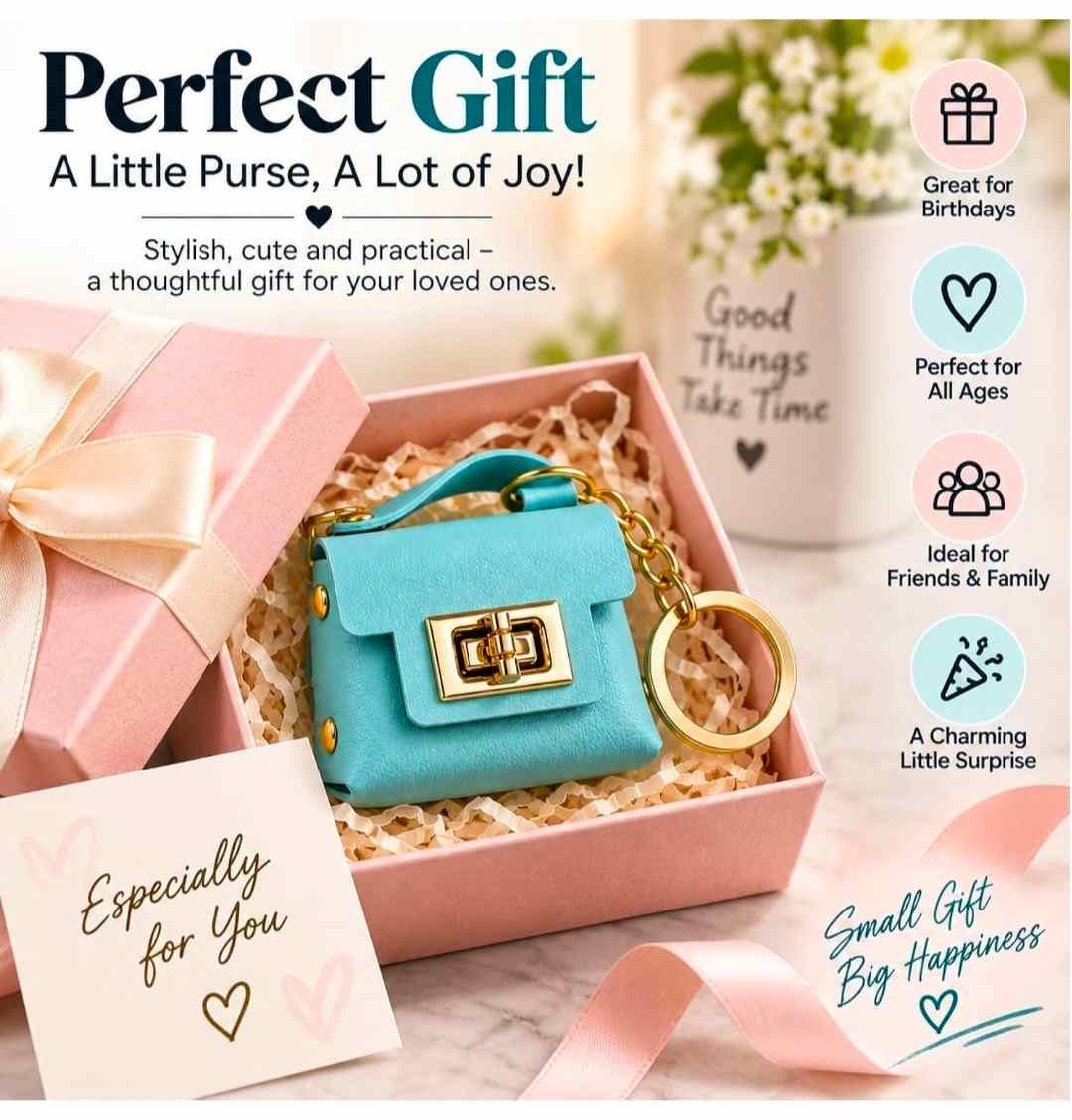 Mini Pastel Blue Leather Handbag Charm & Keychain with Gold Hardware