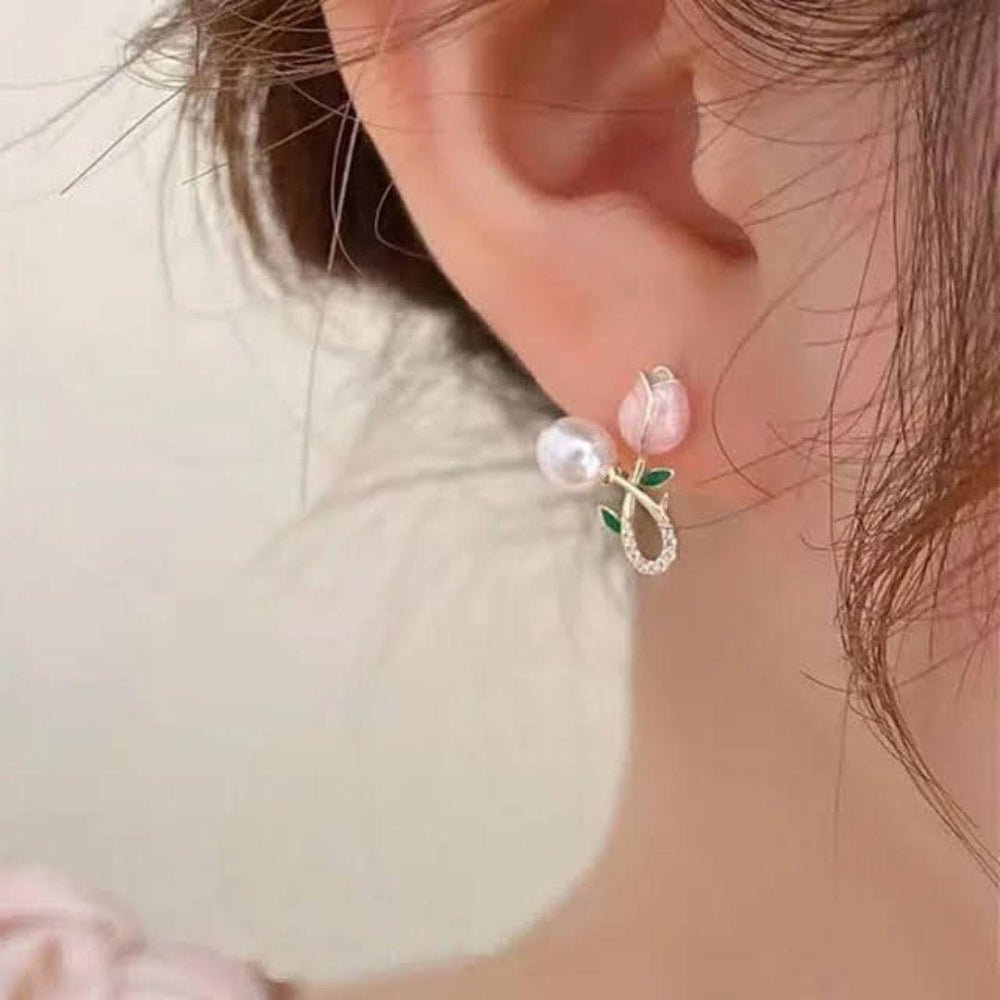 Korean Floral Pearl Rosebud Stud Earrings