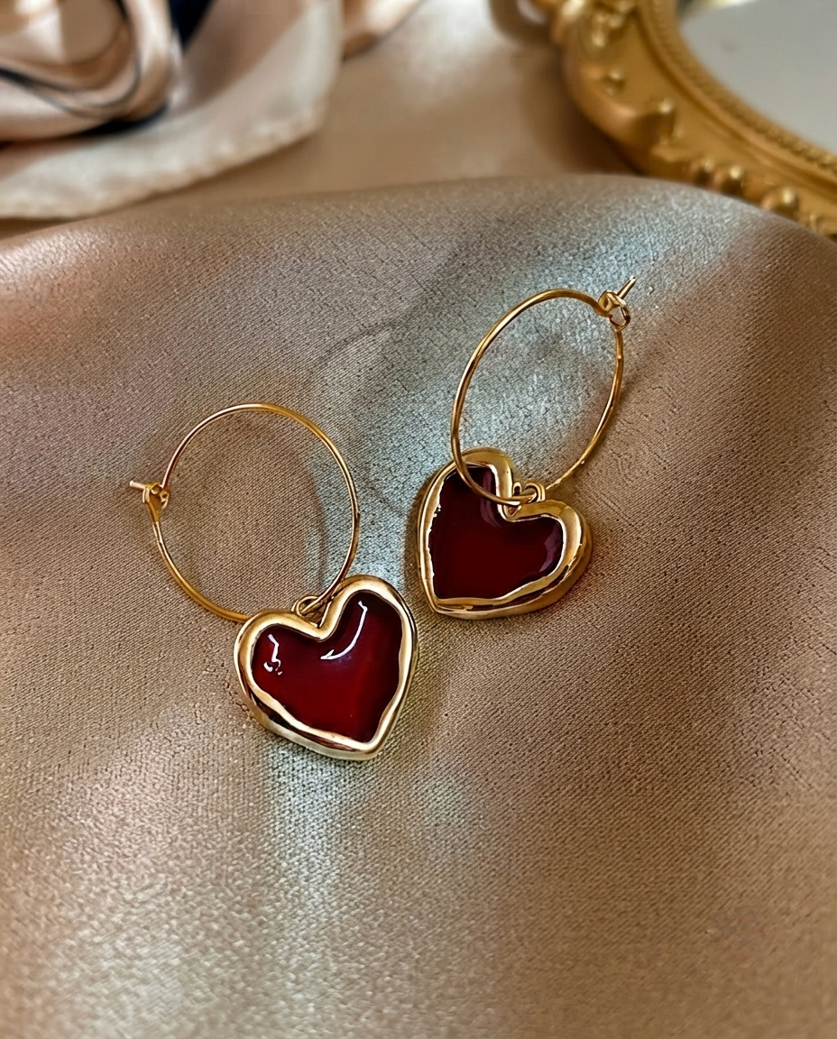 Red Heart Drop Hoop Earrings – Gold Plated